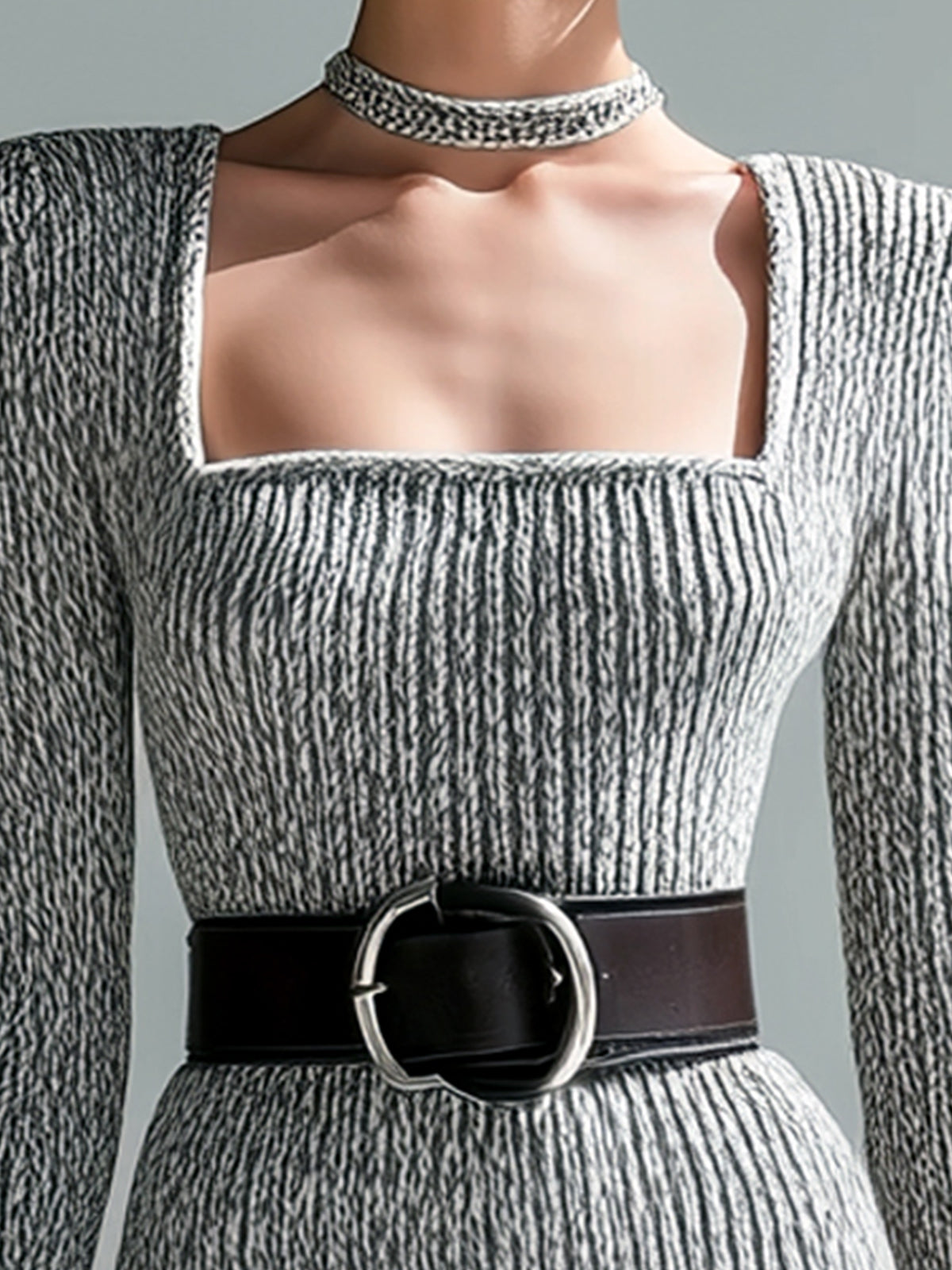 ElevenOra Retro Elegant Heathered Gray Square Neck Belted Long-Sleeve Ribbed Knit Bodycon Maxi Dress