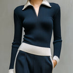 ElevenOra Chic Vintage Contrast Lapel V-Neck Slim-Fit Long-Sleeve Knit Sweater