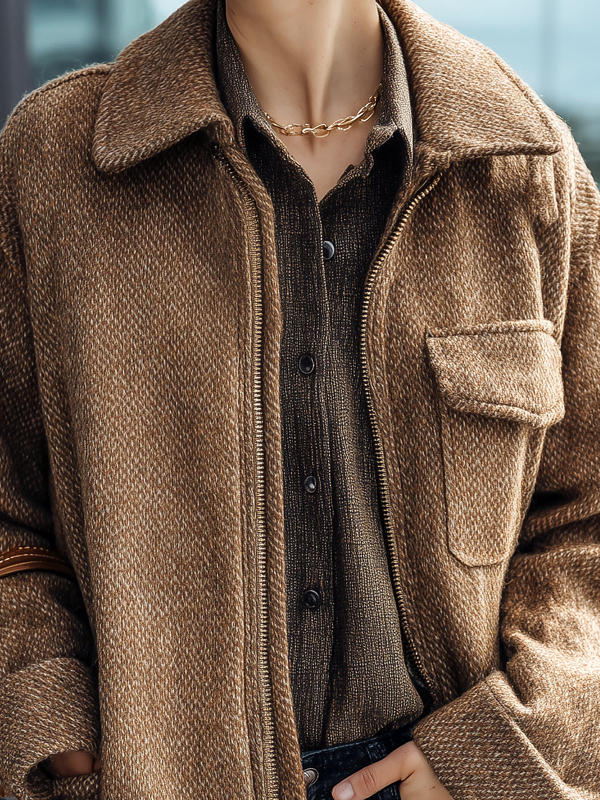 ElevenOra Casual Chic Brown Wool Blend Tweed Lapel Zip-Front Flap Pocket Jacket