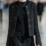 ElevenOra Vintage Elegant Black Tweed Round Neck Metal Button Single-Breasted Cropped Jacket