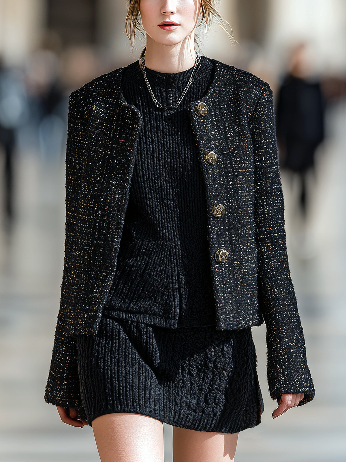 ElevenOra Vintage Elegant Black Tweed Round Neck Metal Button Single-Breasted Cropped Jacket