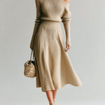 ElevenOra Chic Elegant One-Shoulder Long Sleeve Sweater A-Line Midi Skirt Knit Two-Piece Set
