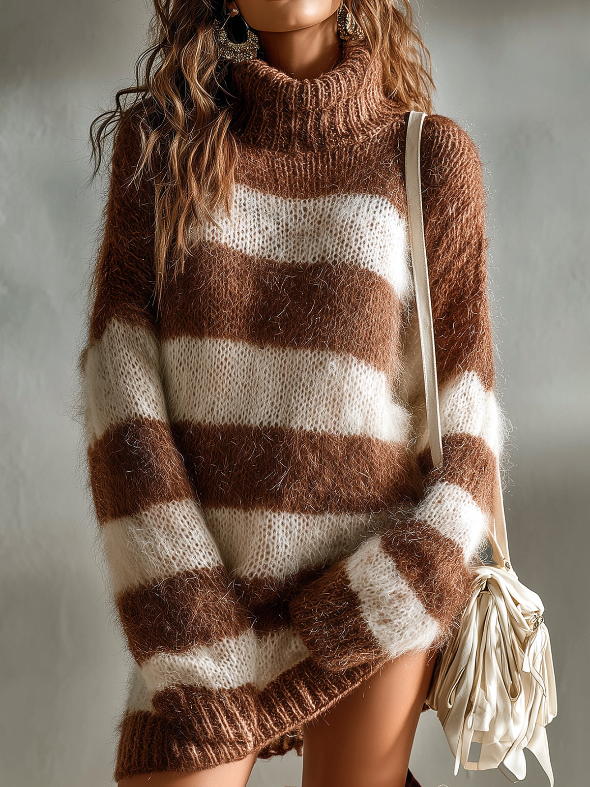 ElevenOra Chic Cozy Contrast Striped Turtleneck Long-sleeved Oversized Mohair Knit Mini Dress