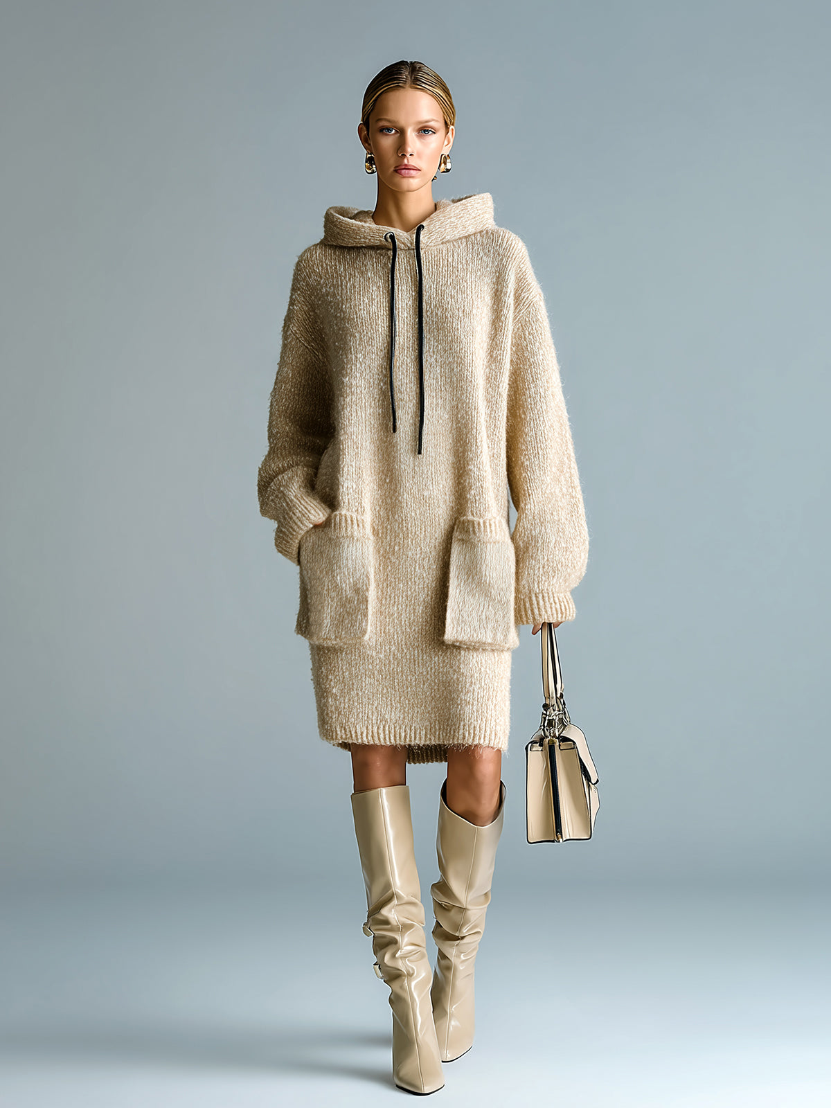 ElevenOra Chic Casual Light Khaki Oversized Long Sleeve Patch Pockets Knit Hooded Midi Dress