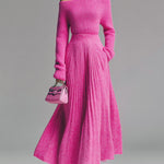 ElevenOra Vintage Elegant Off-The-Shoulder Long-sleeved Sweater Pleated Maxi Skirt Knitted Two-piece Set