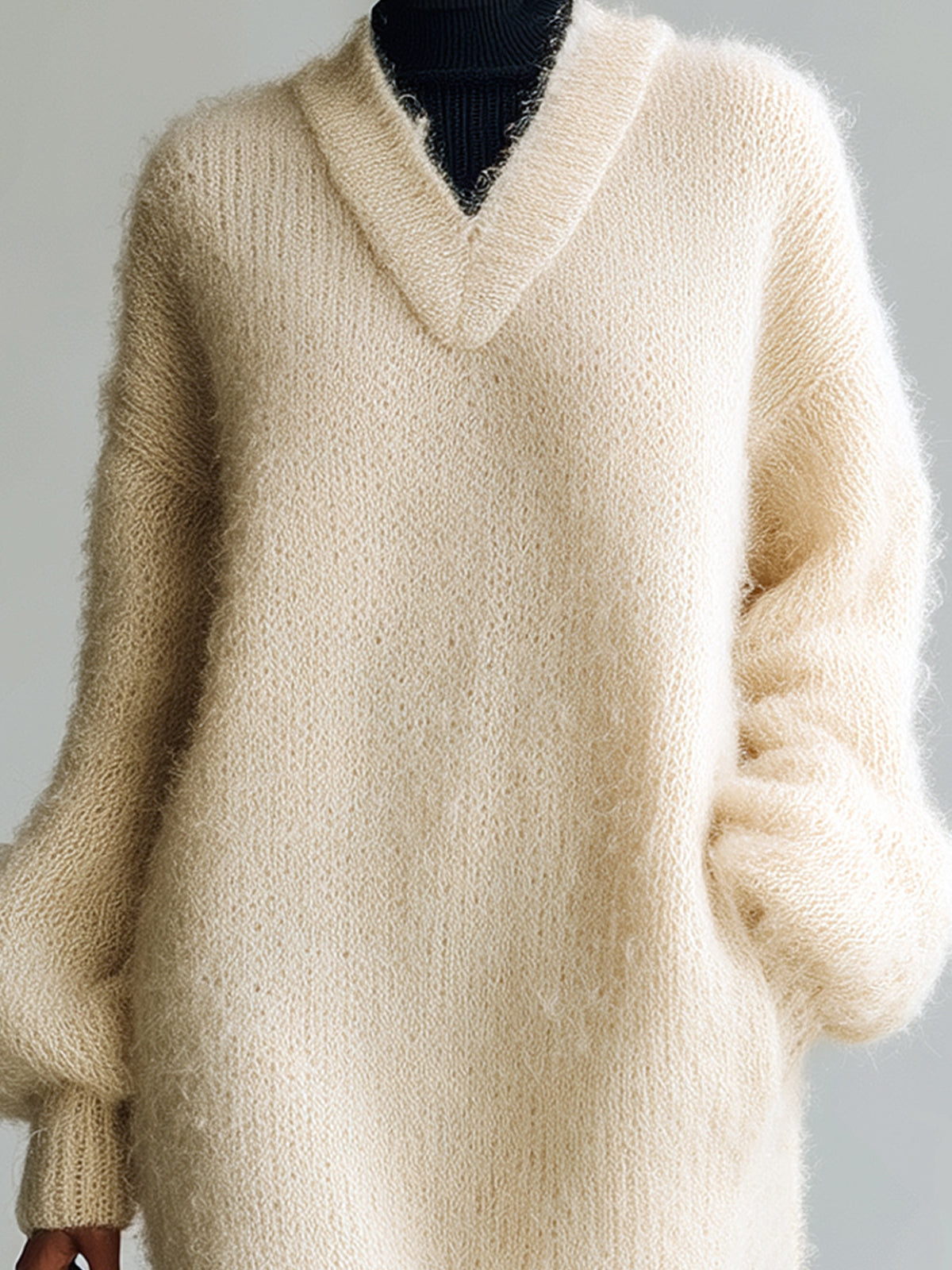 ElevenOra Stylish Elegant Beige V-Neck Side Slit Long Lantern Sleeve Mohair Knit Oversized Midi Dress