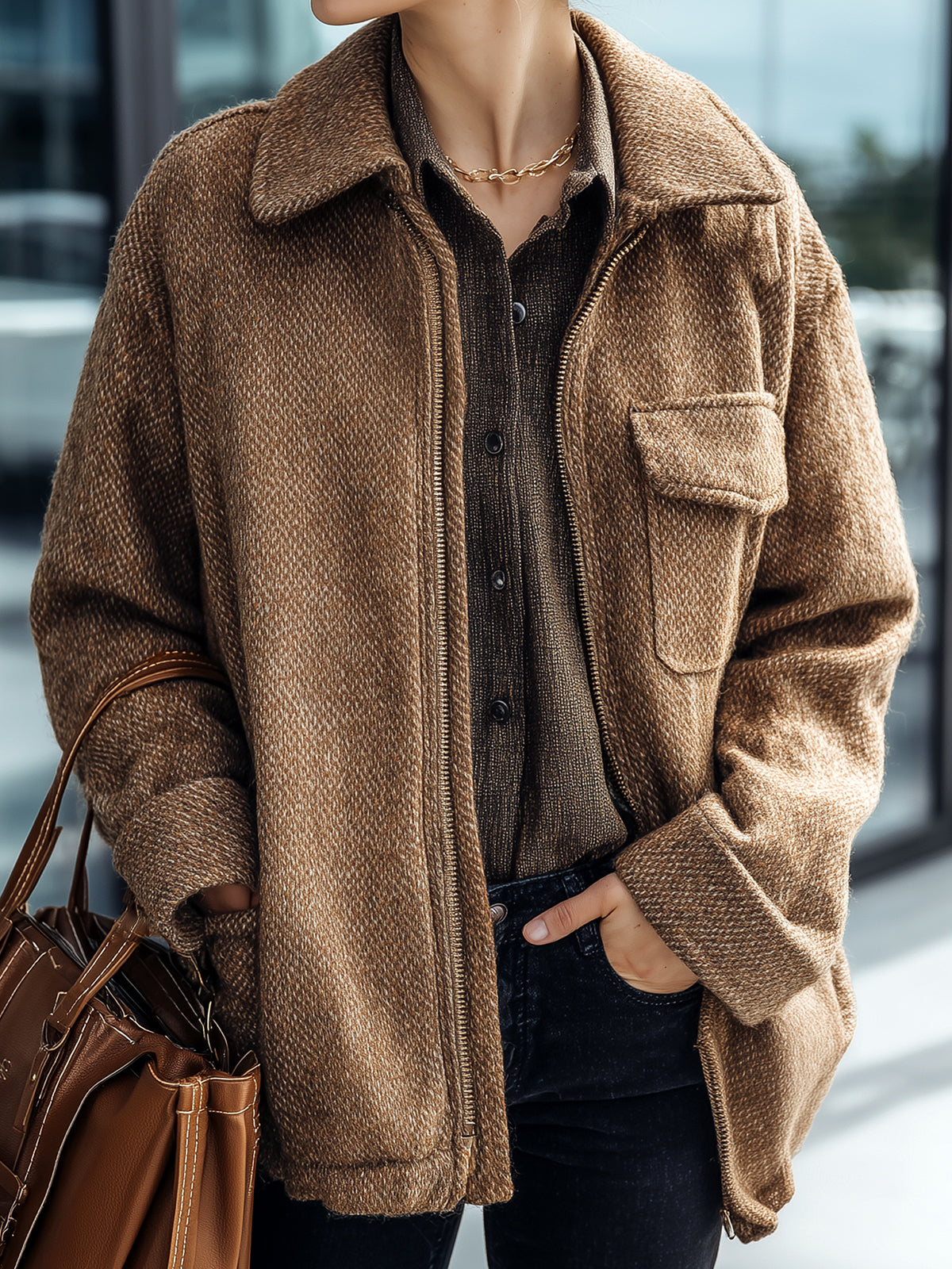 ElevenOra Casual Chic Brown Wool Blend Tweed Lapel Zip-Front Flap Pocket Jacket