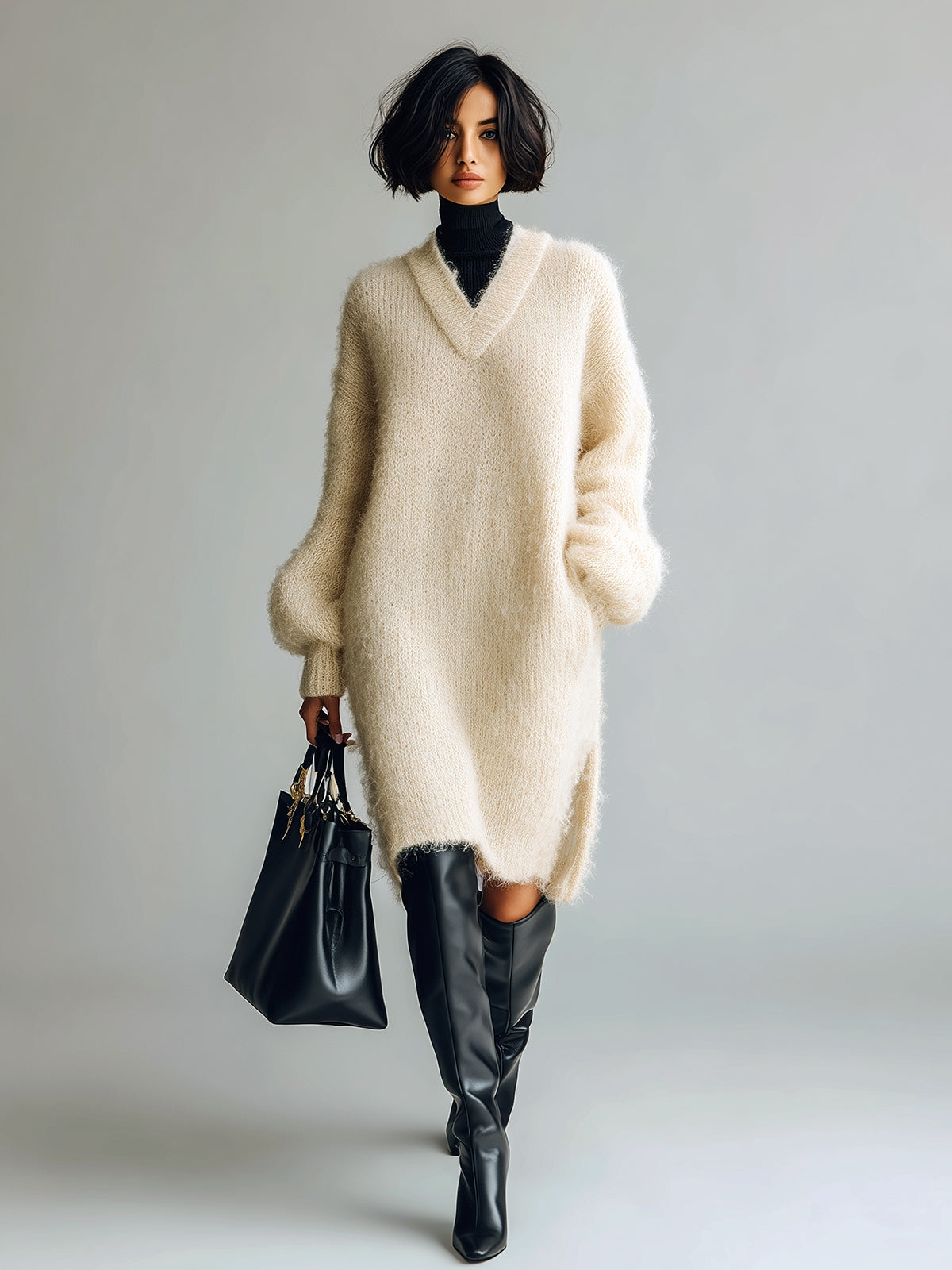 ElevenOra Stylish Elegant Beige V-Neck Side Slit Long Lantern Sleeve Mohair Knit Oversized Midi Dress