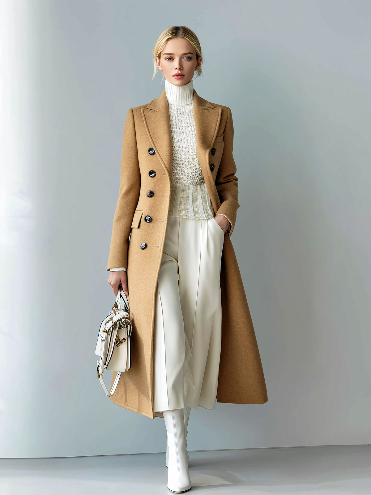 ElevenOra Chic Casual Solid Color Wool Blend Peaked Lapel Double-Breasted Tailored Warm Long Coat