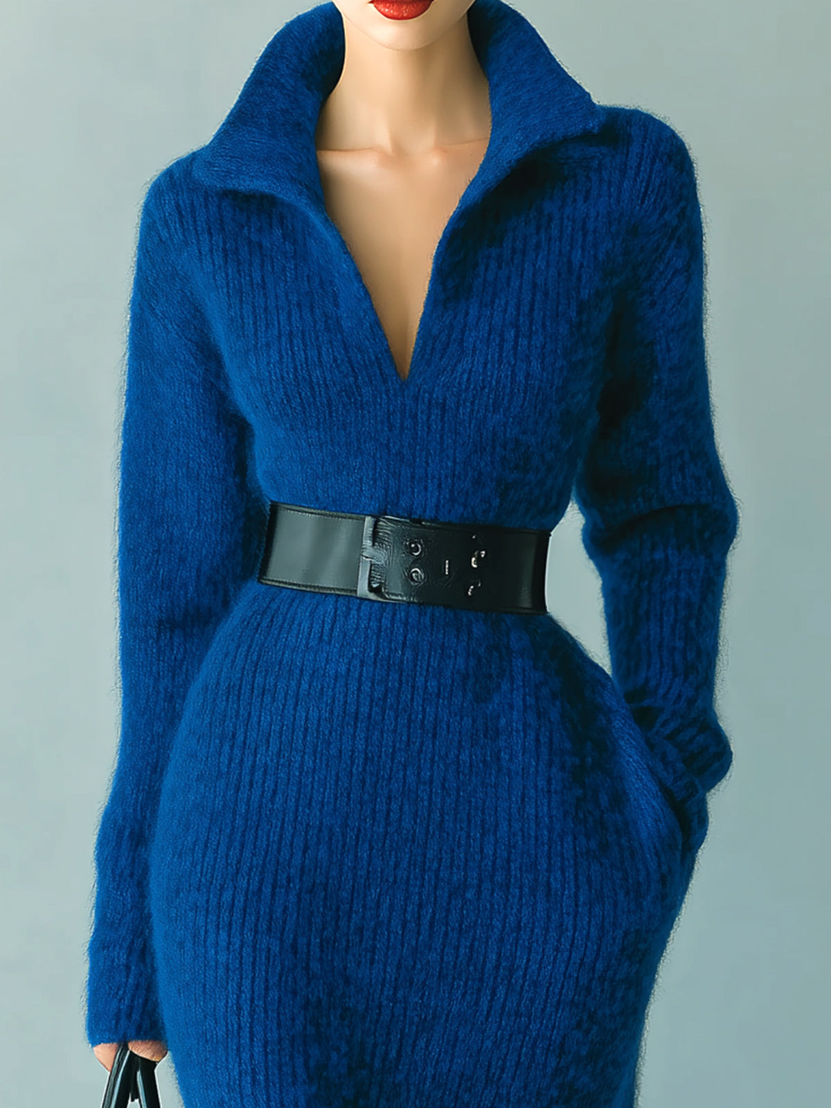 ElevenOra Stylish Elegant Royal Blue Lapel V-Neck Belted Long-sleeved Knit Maxi Dress