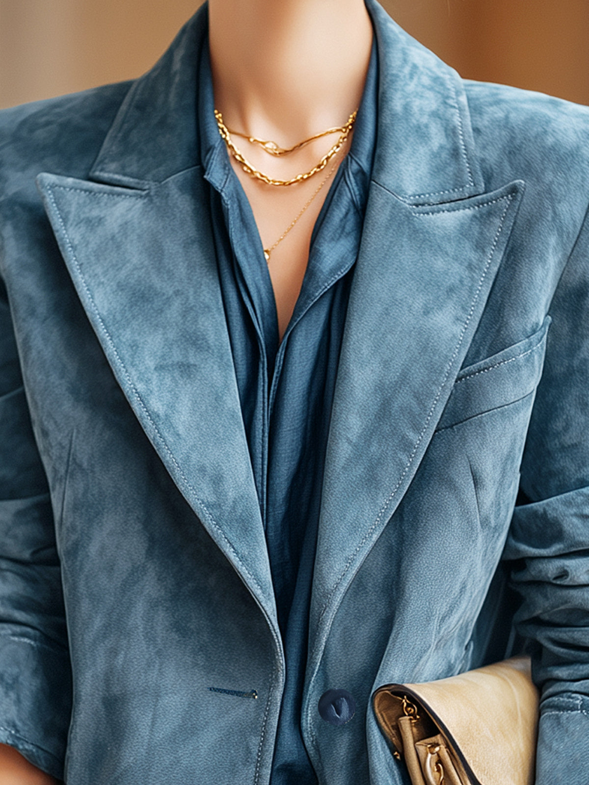 ElevenOra Vintage Office Blue Faux Suede Peak Lapel Single-Breasted Tailored Blazer