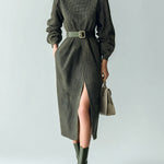 ElevenOra Casual Office Cotton Blend Plaid Crew Neck Oversized Belted Long Lantern Sleeve Slit Midi Dress