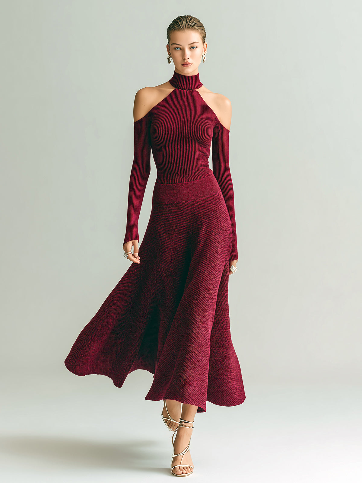 ElevenOra Vintage Elegant Burgundy Halter Long-Sleeve Slim-Fit Sweater A-Line Maxi Skirt Knit Two-Piece Set