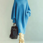 ElevenOra Chic Casual Blue Turtle Neck Oversized Long Sleeve Knit Midi Dress