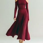 ElevenOra Vintage Elegant Burgundy Halter Long-Sleeve Slim-Fit Sweater A-Line Maxi Skirt Knit Two-Piece Set
