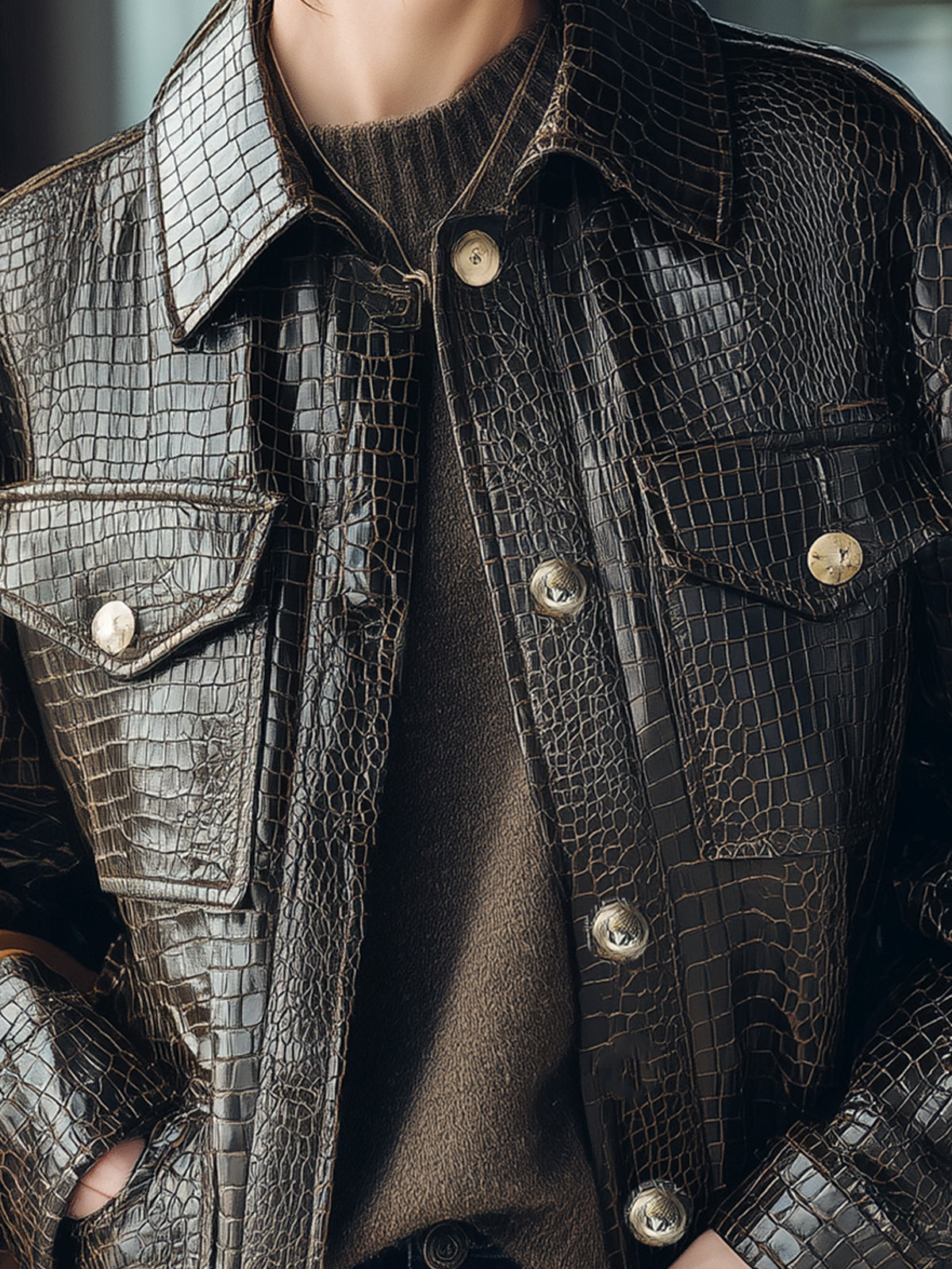 ElevenOra Casual Dark Brown Crocodile Embossed Faux Leather Lapel Single-Breasted Utility Pocket Jacket