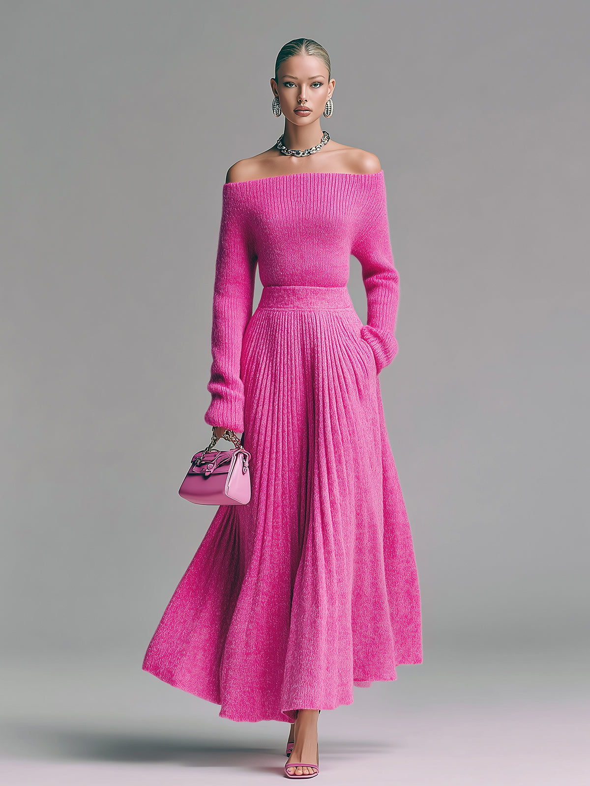 ElevenOra Vintage Elegant Off-The-Shoulder Long-sleeved Sweater Pleated Maxi Skirt Knitted Two-piece Set