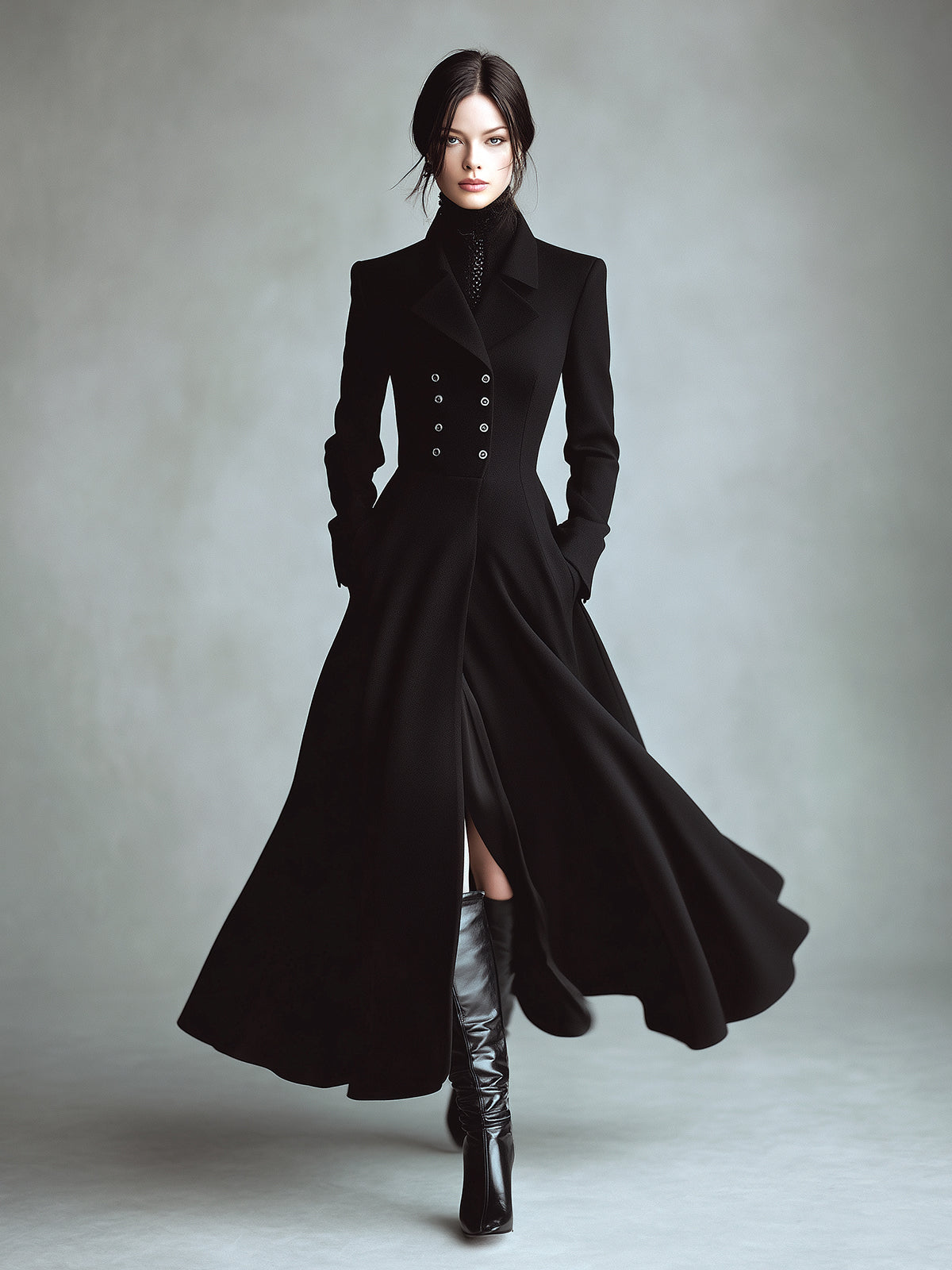 ElevenOra Elegant Vintage Wool Blend Lapel Double-Breasted Tailored Waist Maxi Dress Coat