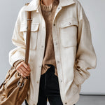 ElevenOra Casual Beige Crocodile Embossed Faux Leather Lapel Single-Breasted Utility Pocket Oversized Jacket