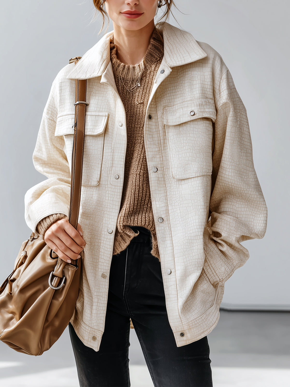 ElevenOra Casual Beige Crocodile Embossed Faux Leather Lapel Single-Breasted Utility Pocket Oversized Jacket