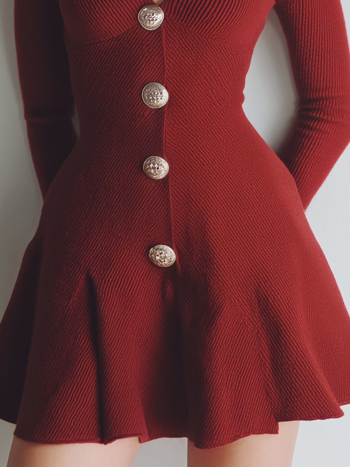 ElevenOra Stylish High Neck Cutout Ornate Metal Buttons Long-Sleeve Flared Knit Mini Dress