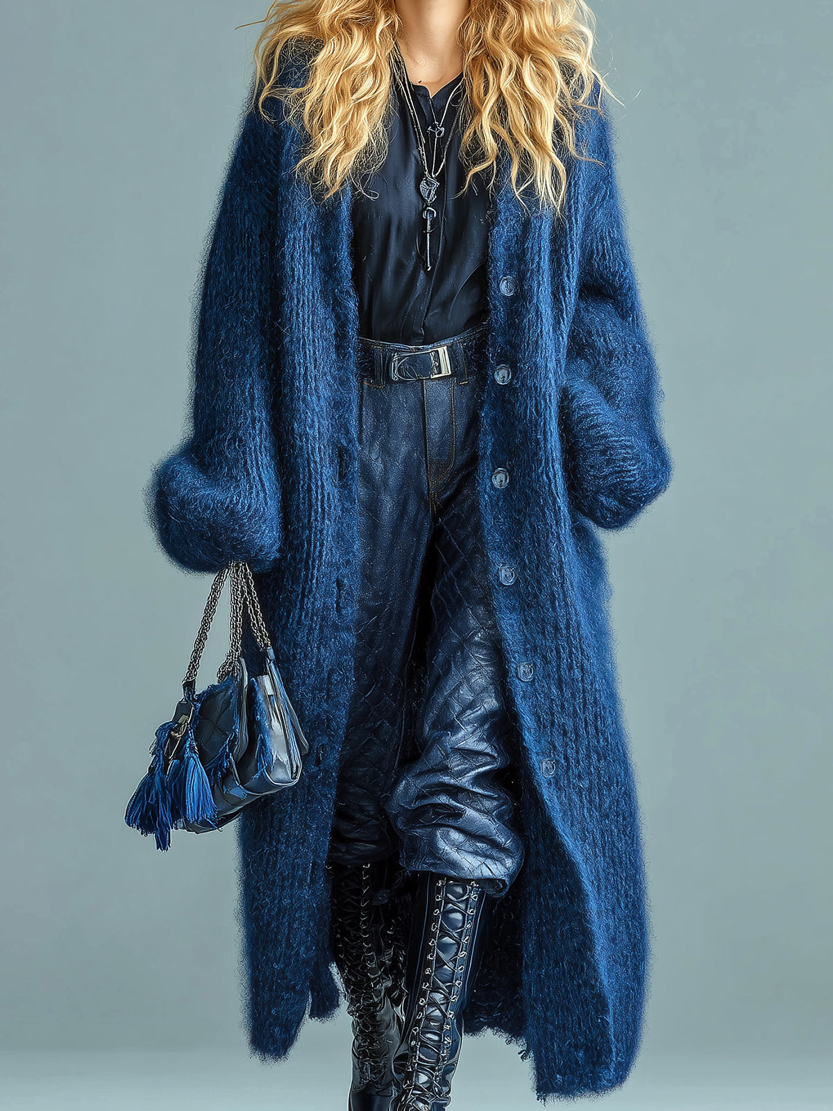ElevenOra Casual Chic Navy Blue Single-breasted Oversized Longline Fuzzy Knit Cardigan