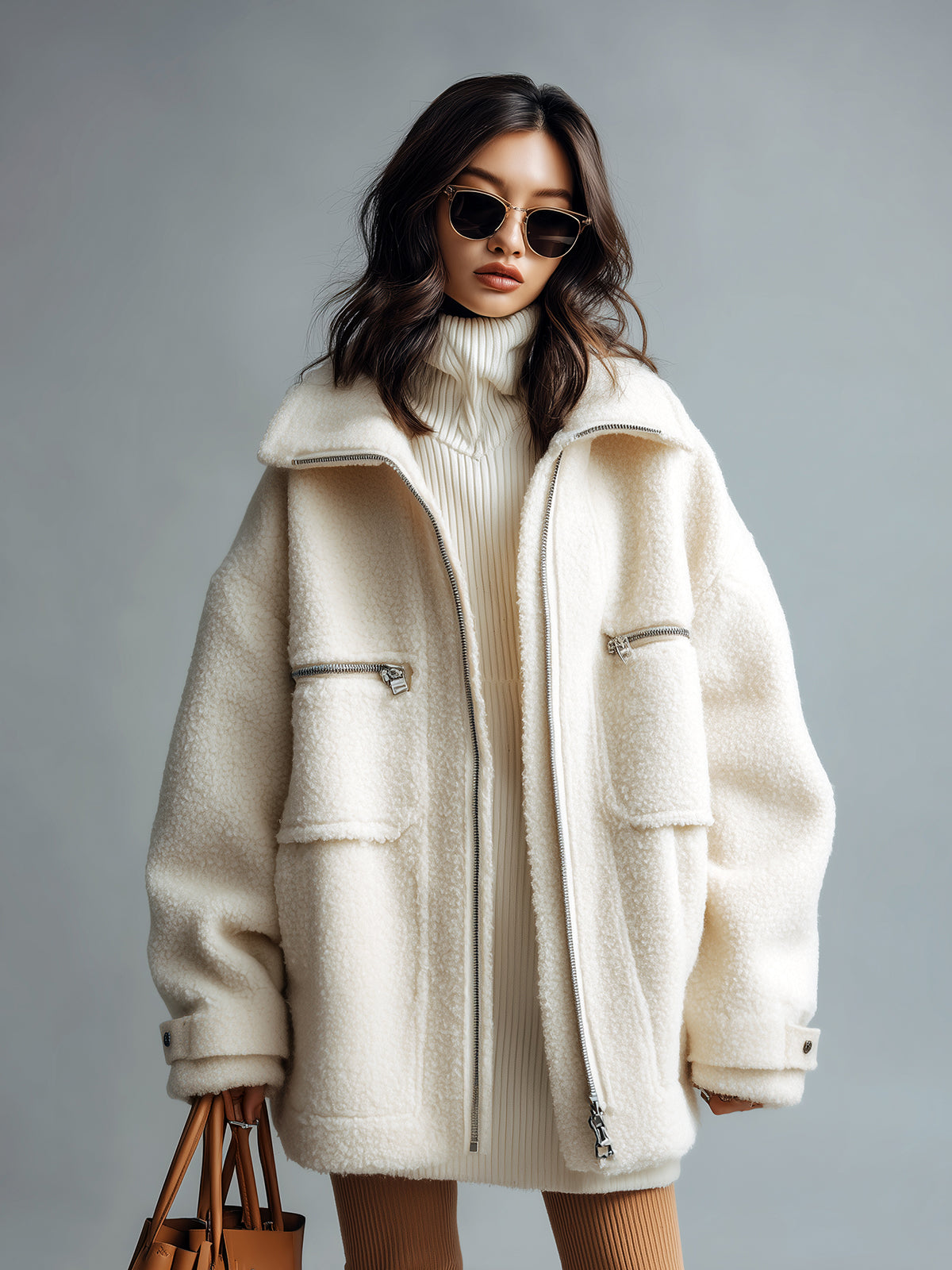 ElevenOra casual Faux Lambswool Lapel Zipper Front Multi-pocket Oversized Warm Coat