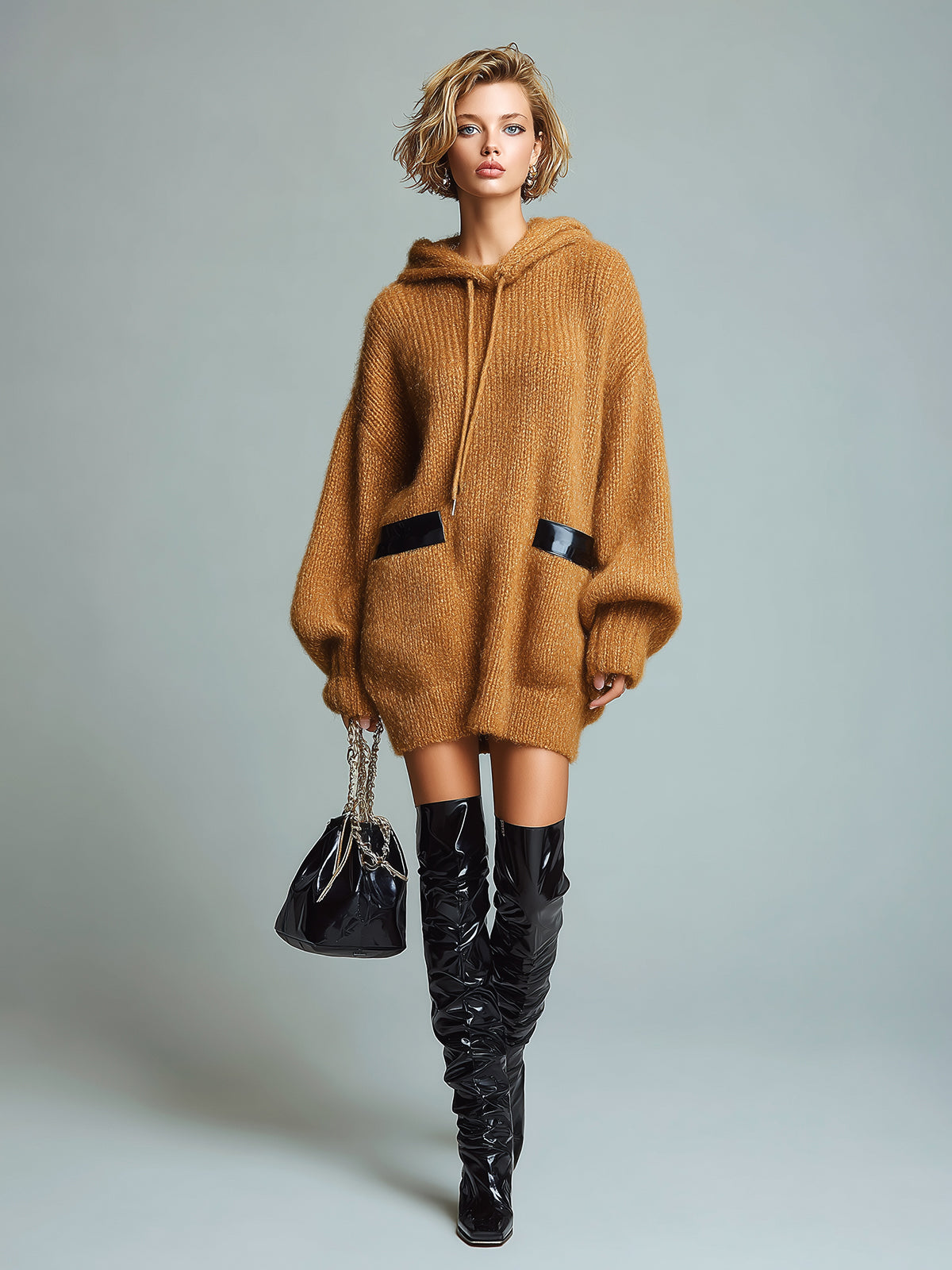 ElevenOra Casual Caramel Oversize Hooded PU Pocket Details Knit Sweater Mini Dress
