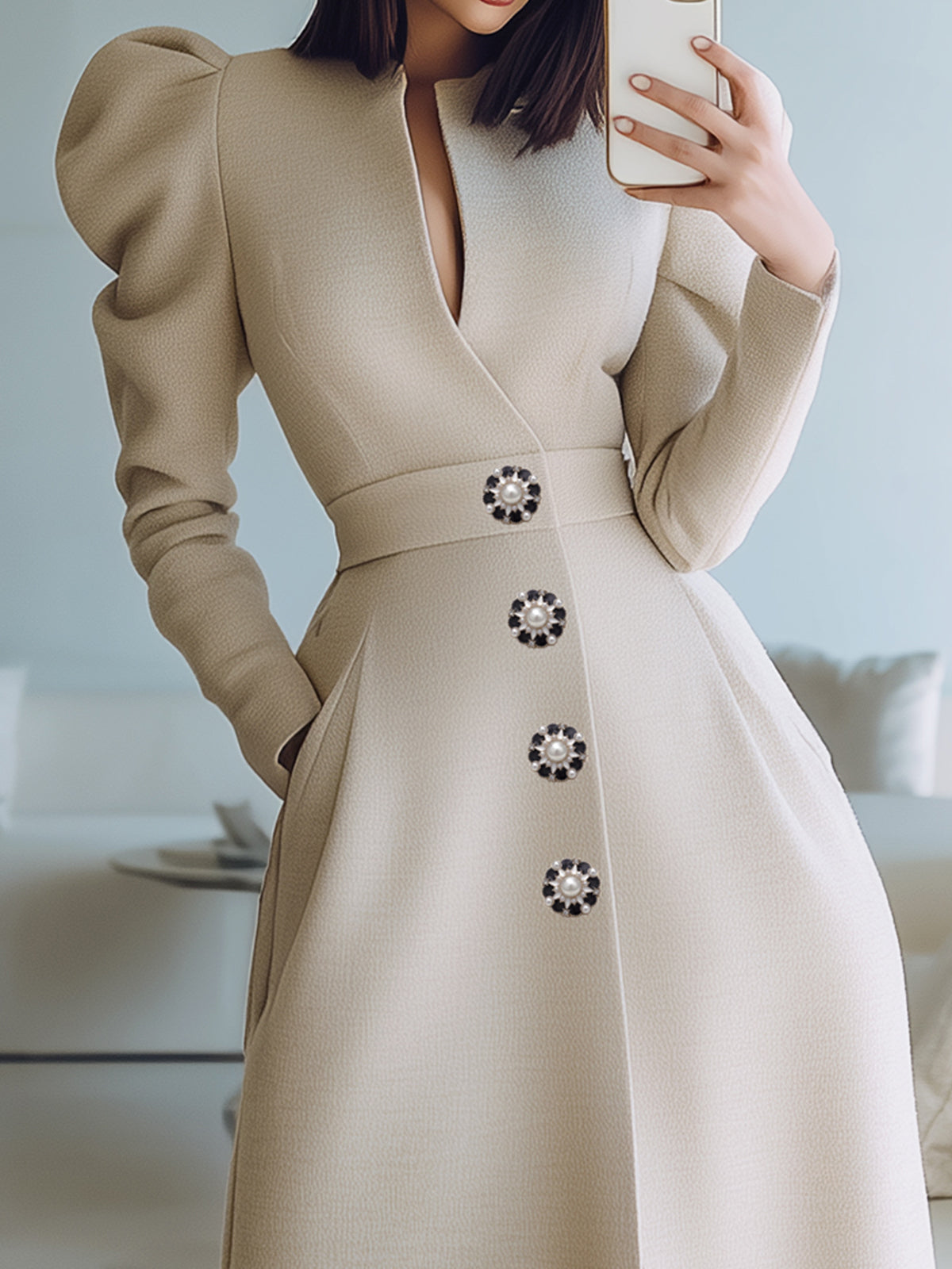 ElevenOra Vintage Beige Wool Blend Single-Breasted Puff Sleeve Tailored Maxi Dress Coat