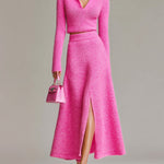 ElevenOra Chic Elegant Hot Pink Lapel Collar Long Sleeve Sweater A-Line Slit Maxi Skirt Knit Two-Piece Set