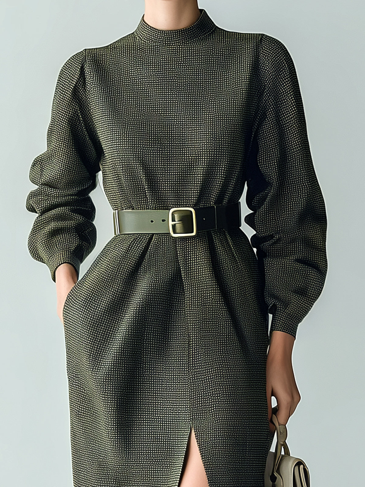 ElevenOra Casual Office Cotton Blend Plaid Crew Neck Oversized Belted Long Lantern Sleeve Slit Midi Dress