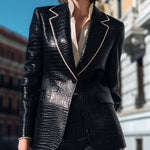 ElevenOra Chic Vintage Crocodile Embossed Faux Leather Notched Collar Single-breasted Contrast Trim Tailored Waist Blazer