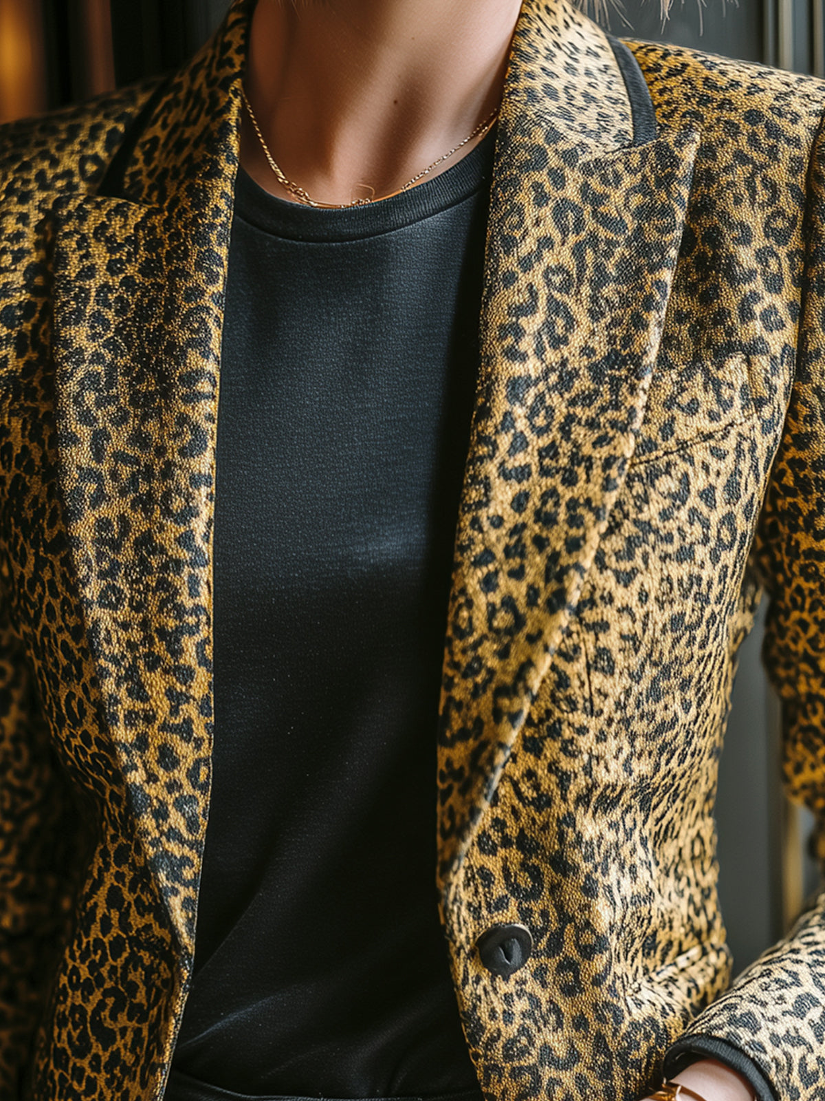 ElevenOra Casual Vintage Leopard Print Peaked Collar Single-Breasted Contrast Trim Tailored Waist Blazer