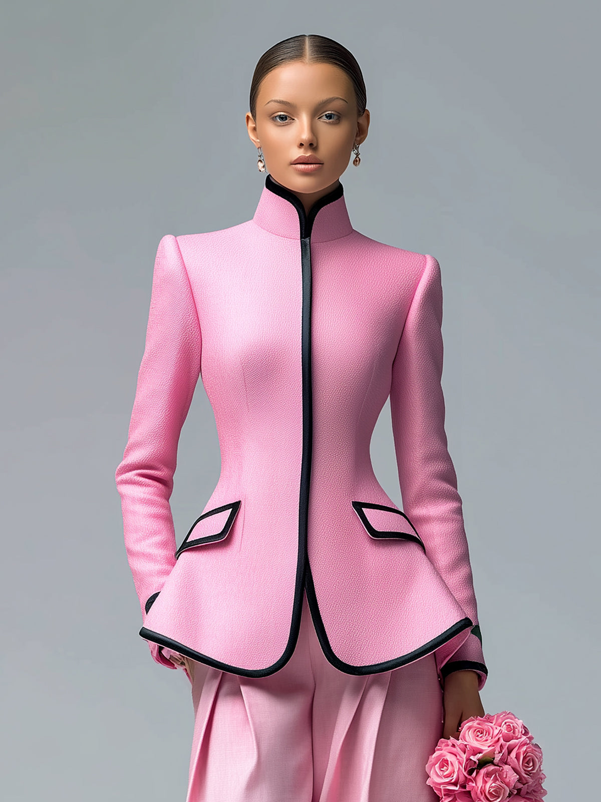 ElevenOra Chic Vintage Pink Stand Collar Single-Breasted Contrast Trim Tailored Waist Blazer