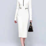 ElevenOra Casual Office Cotton Blend Lapel Collar Tailored Waist Zipper Details Long Sleeve Bodycon Midi Dress