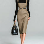 ElevenOra Chic Vintage Herringbone Wool Blend Belted Slim-Fit Pinafore Bodycon Midi Dress