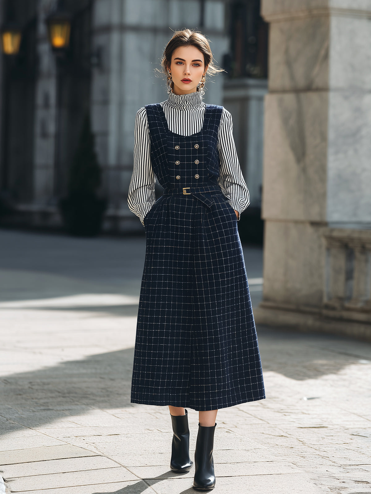 ElevenOra Chic Vintage Navy Blue Plaid Wool Blend Double-Breasted Belted A-Line Maxi Pinafore Dress