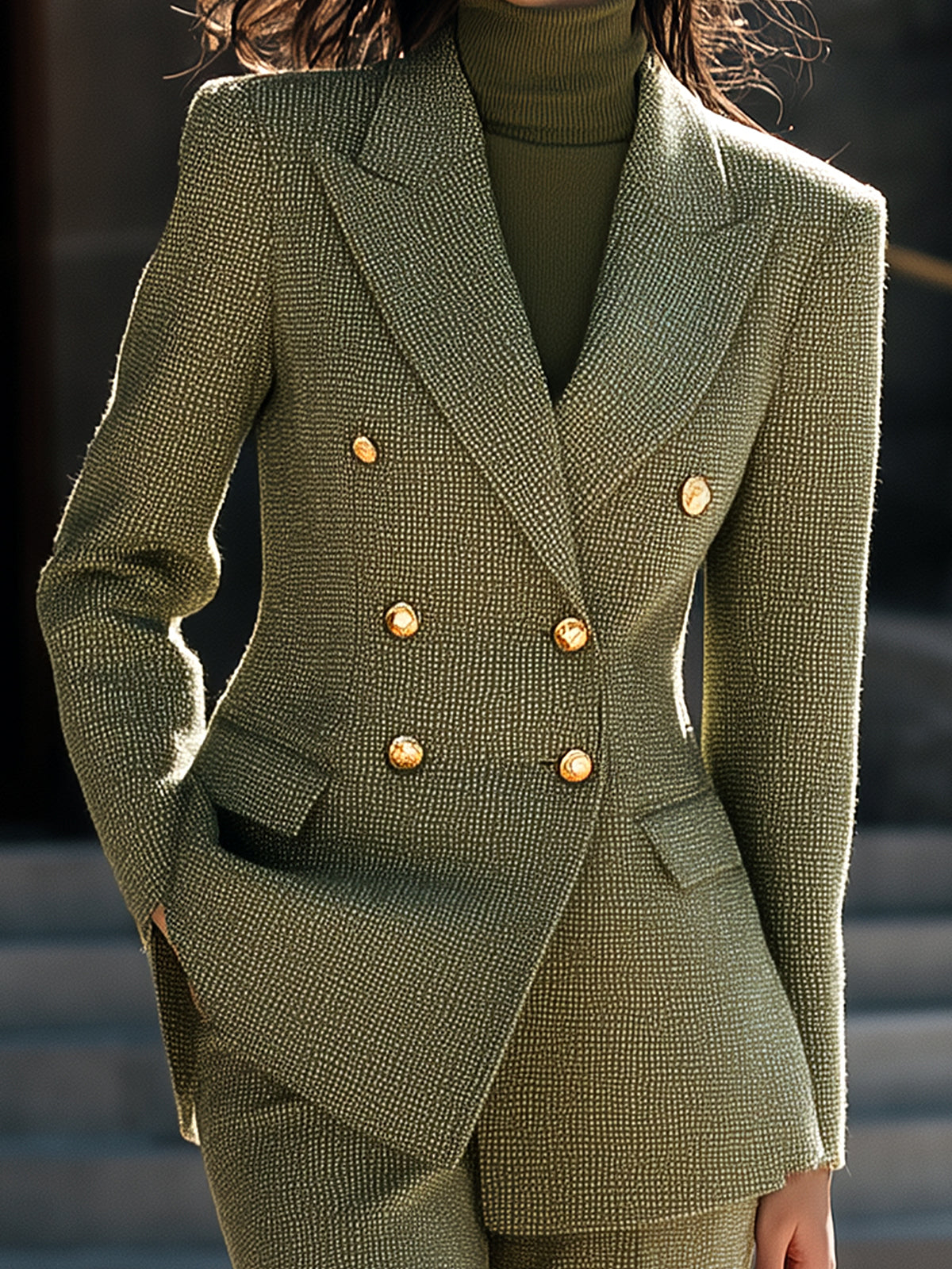 ElevenOra Chic Elegant Green Wool Blend Peak Lapel Double-Breasted Slim-Fit Blazer