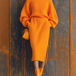 ElevenOra Chic Elegant Orange Turtle Neck Oversized Long Sleeve Sweater Bodycon Side Slit Midi Skirt Knit Two-Piece Set