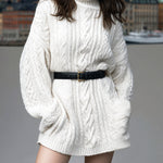 ElevenOra Chic Cozy White Cable Knit Turtleneck Oversized Belted Long Sleeve Sweater Dress