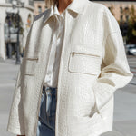 ElevenOra Casual Chic White Crocodile Faux Leather Lapel Zip-front Oversized Jacket