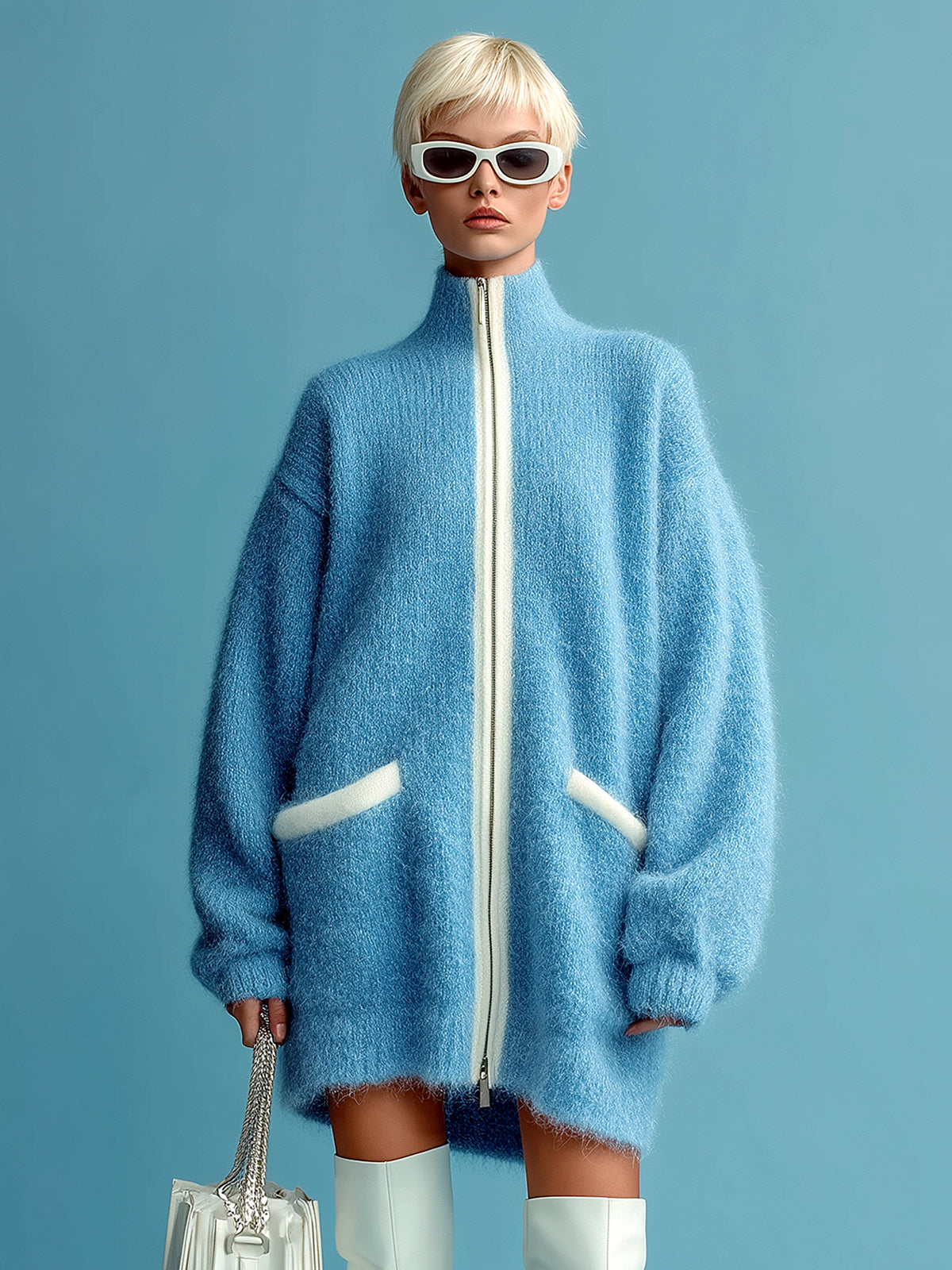 ElevenOra Casual Chic Blue Stand Collar Zipper-Front Contrast Trim Oversized Long Sleeve Knit Cardigan