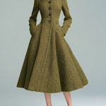 ElevenOraVintage Elegant Green Tweed Lapel Single-breasted Flared Hem Long Coat