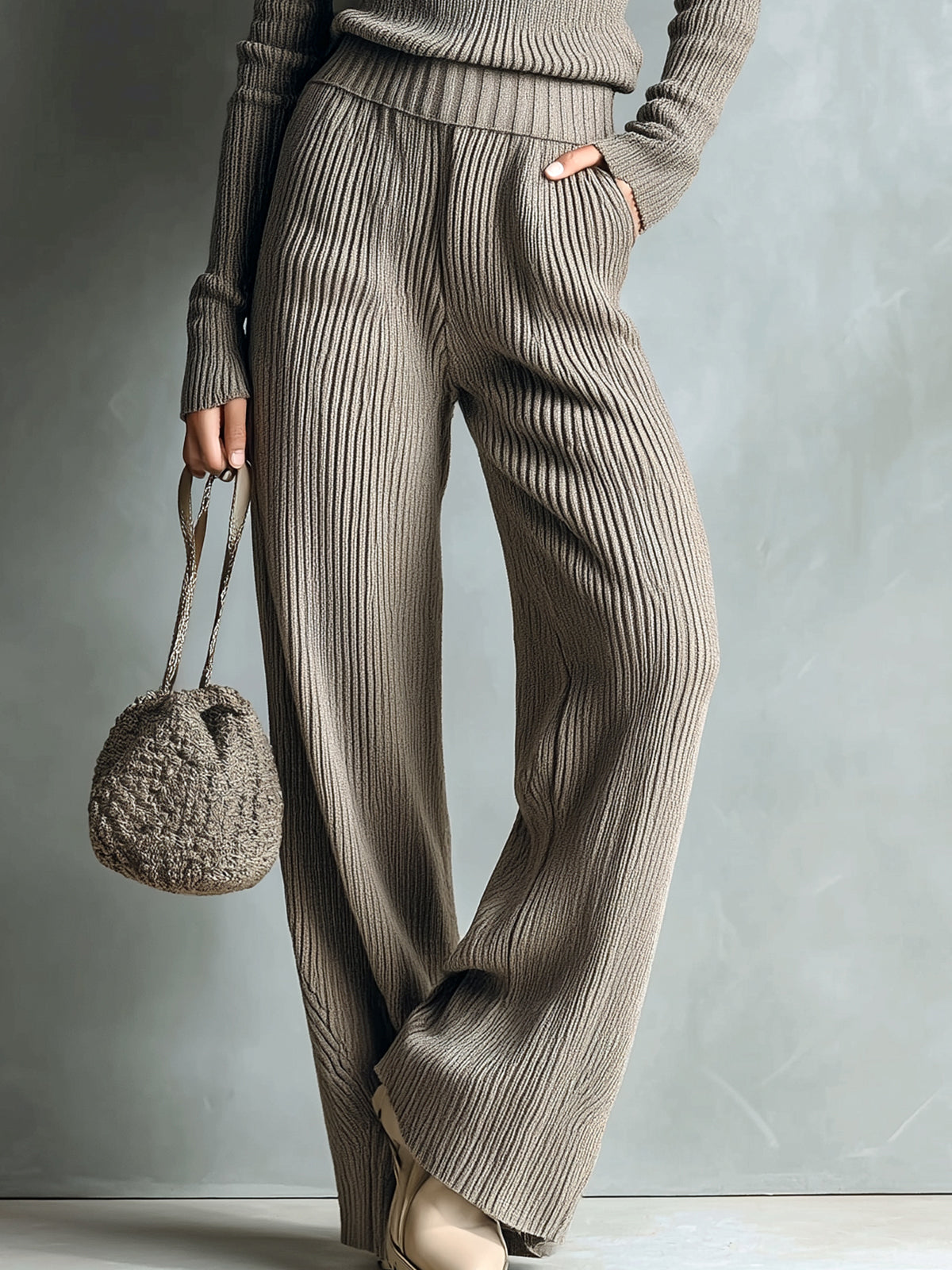 ElevenOra Casual Elegant Polo Collar Long-sleeved Slim-fit Sweater Wide-leg Pants Ribbed Knit Two-piece Set