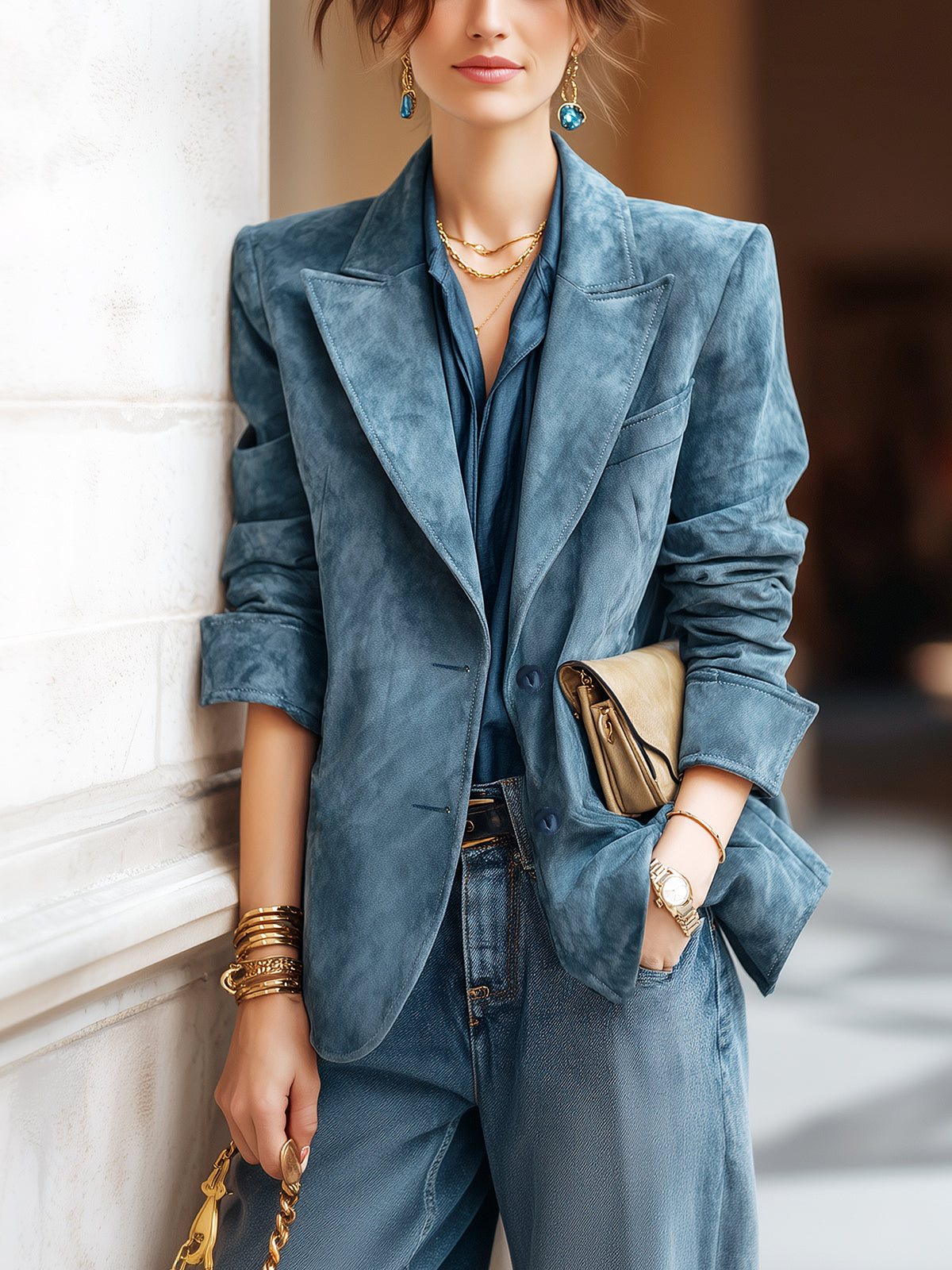 ElevenOra Vintage Office Blue Faux Suede Peak Lapel Single-Breasted Tailored Blazer