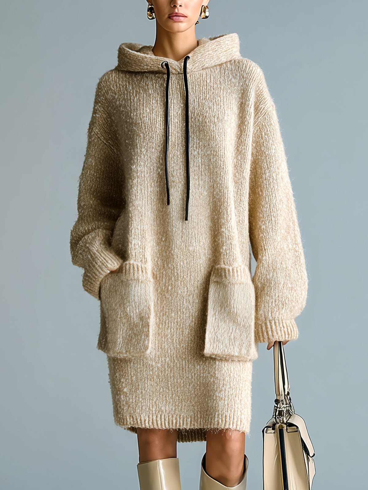 ElevenOra Chic Casual Light Khaki Oversized Long Sleeve Patch Pockets Knit Hooded Midi Dress