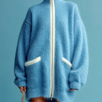 ElevenOra Casual Chic Blue Stand Collar Zipper-Front Contrast Trim Oversized Long Sleeve Knit Cardigan