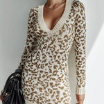 ElevenOra Casual Fashion V-neck Slim Long-sleeved Leopard Jacquard Knitted Bodycon Mini Dress