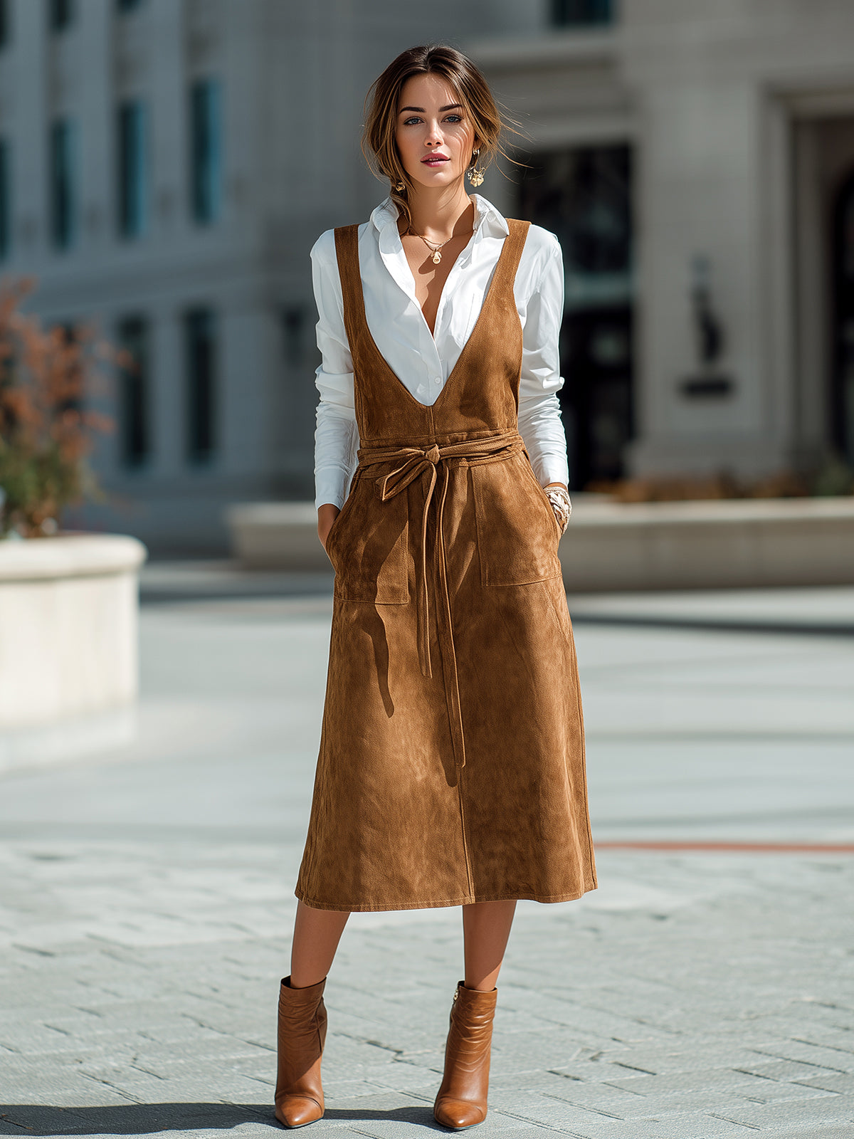 ElevenOra Chic Casual Khaki Faux Suede Deep V-Neck Belted Patch Pocket A-Line Pinafore Midi Dress