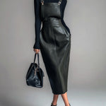 ElevenOra Chic Elegant Black Matte Faux Leather Slant Pocket Slim-Fit Pinafore Midi Dress
